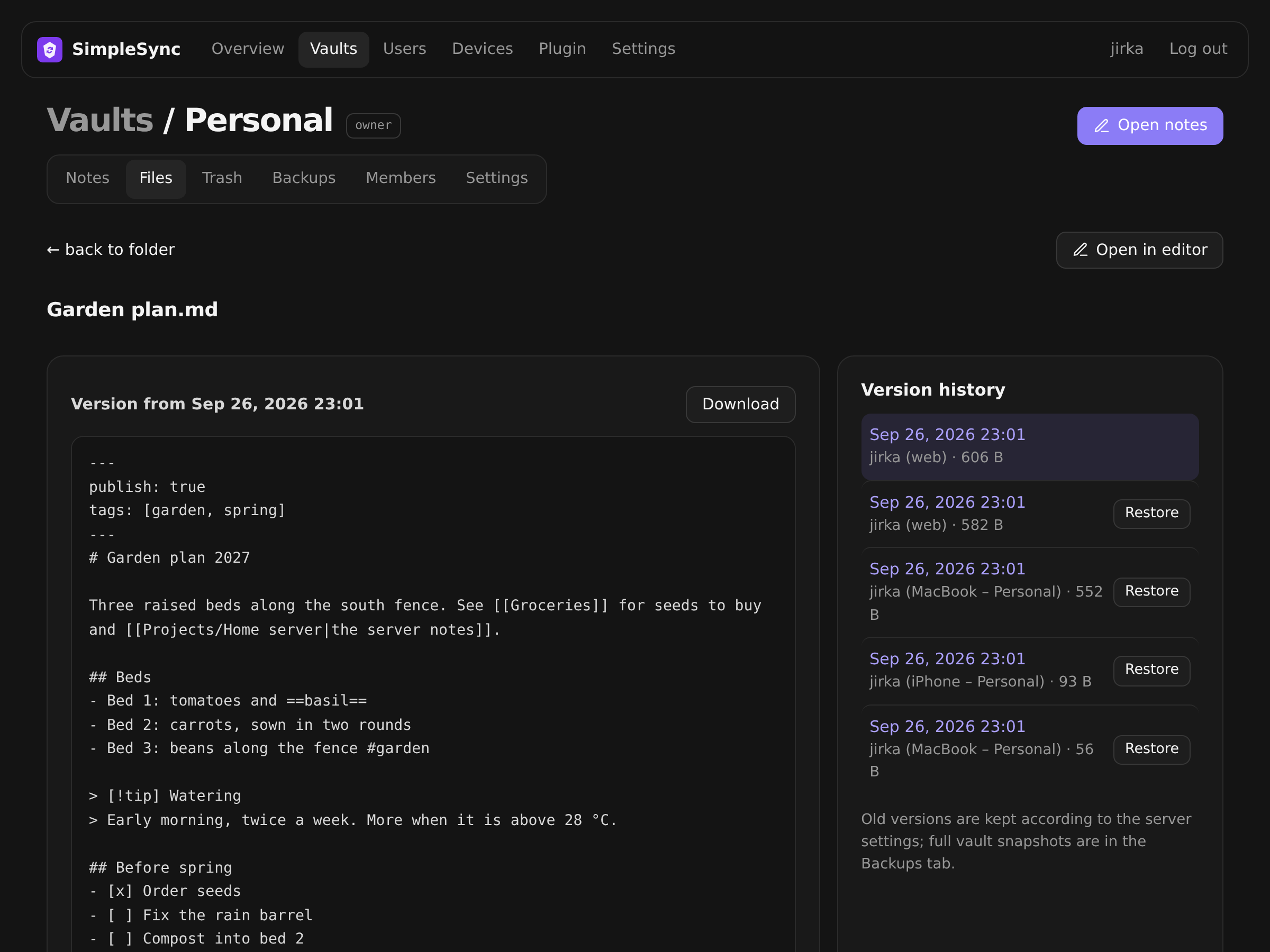 Version history of a note in the web admin