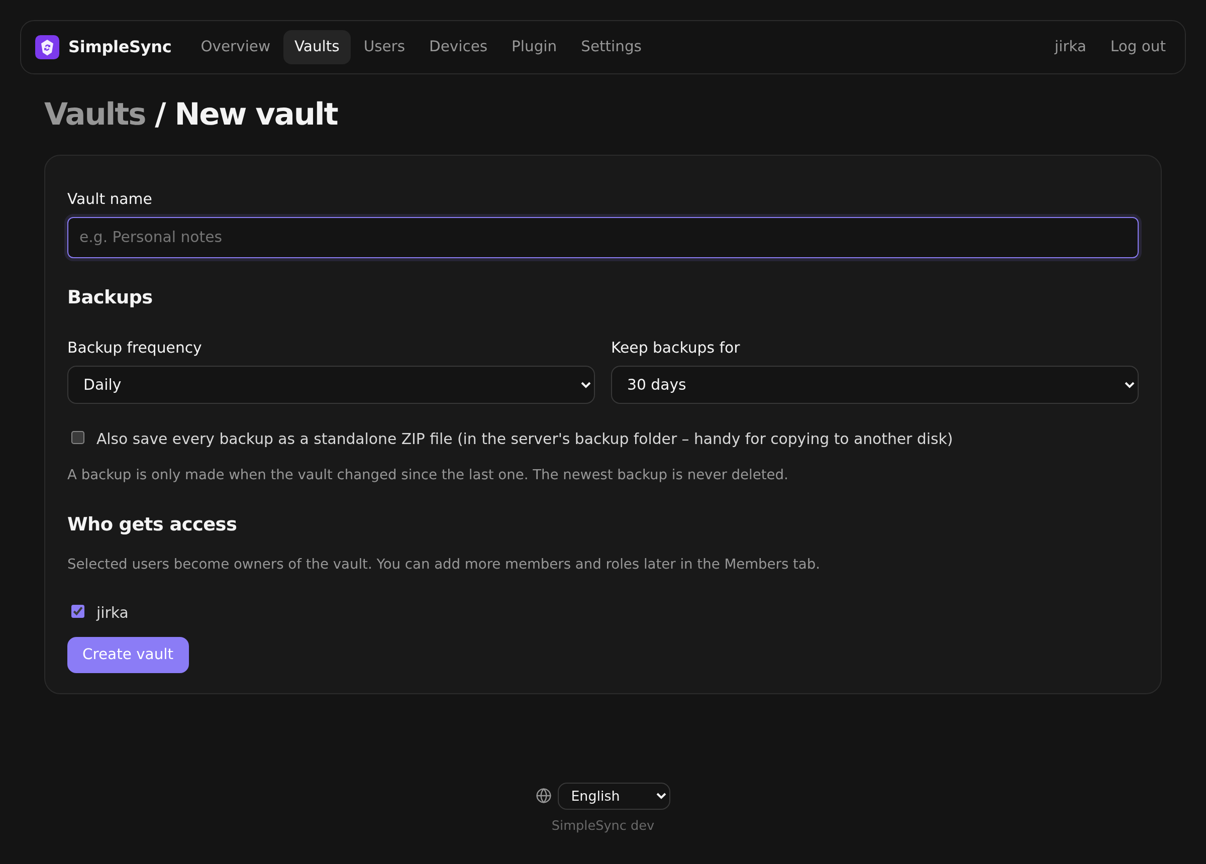 The New vault form in the web admin