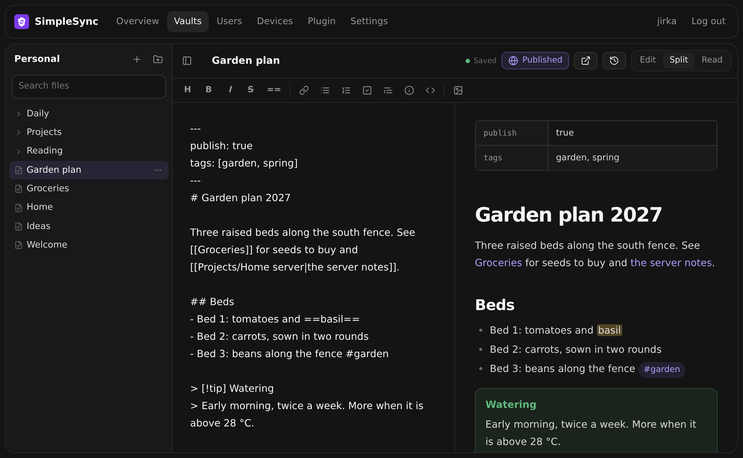 The SimpleSync web editor: file tree, Markdown source and live preview side by side